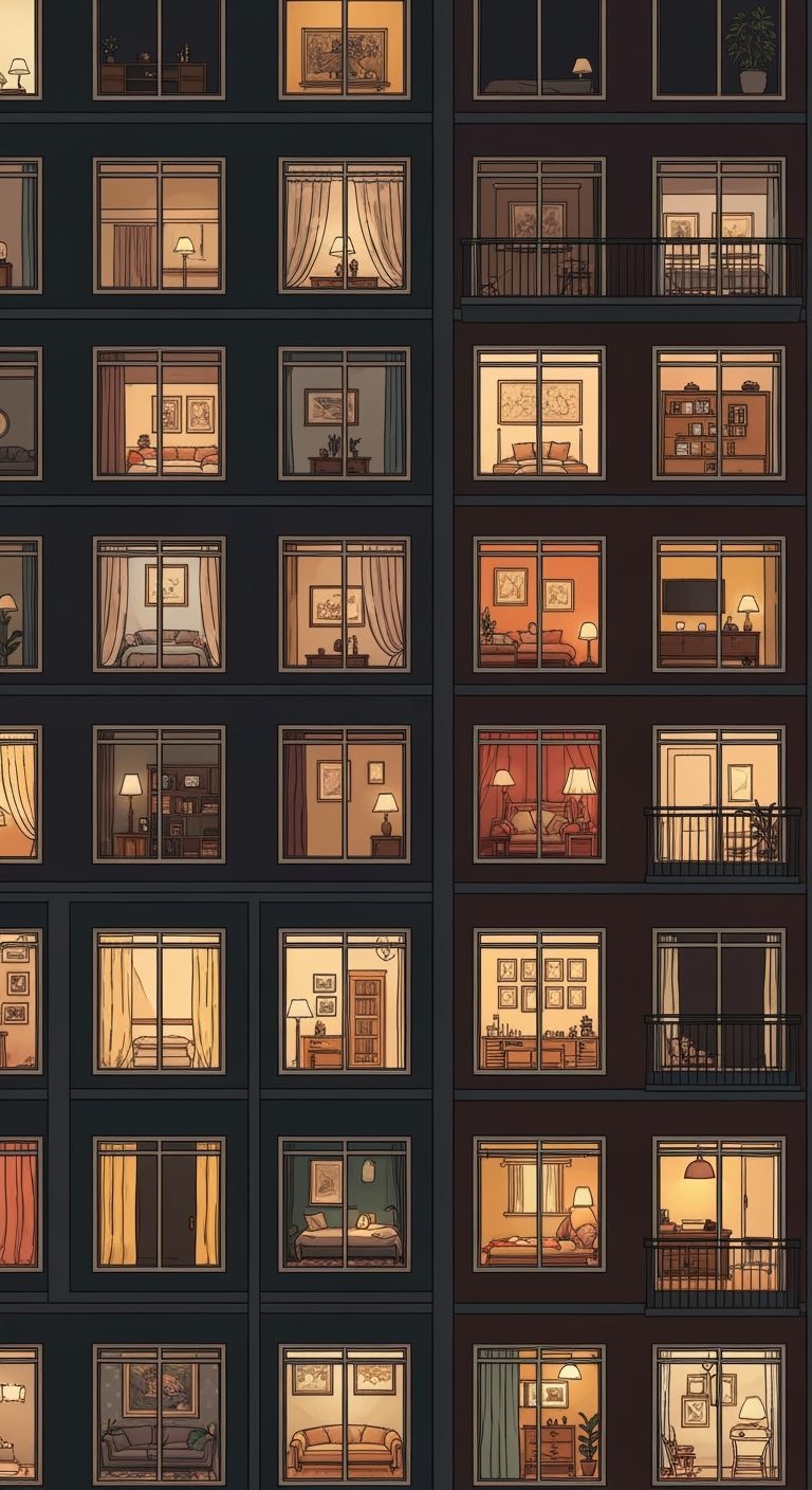 Cozy Apartment Building Windows at Night