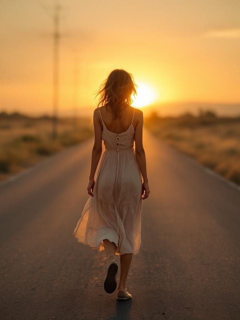 Woman Walks Alone at Sunset: Golden Hour Photography