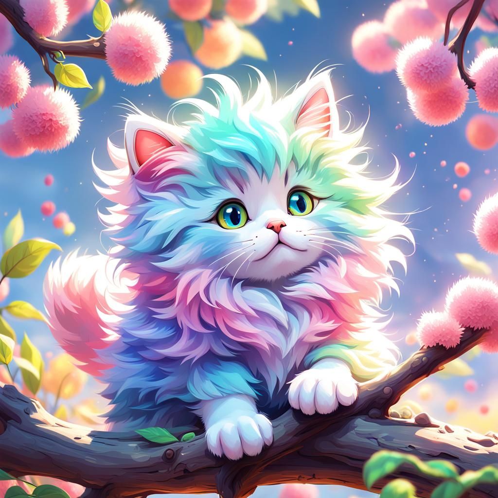 Colorful Fluffy Kittens on Branch in Anime Style