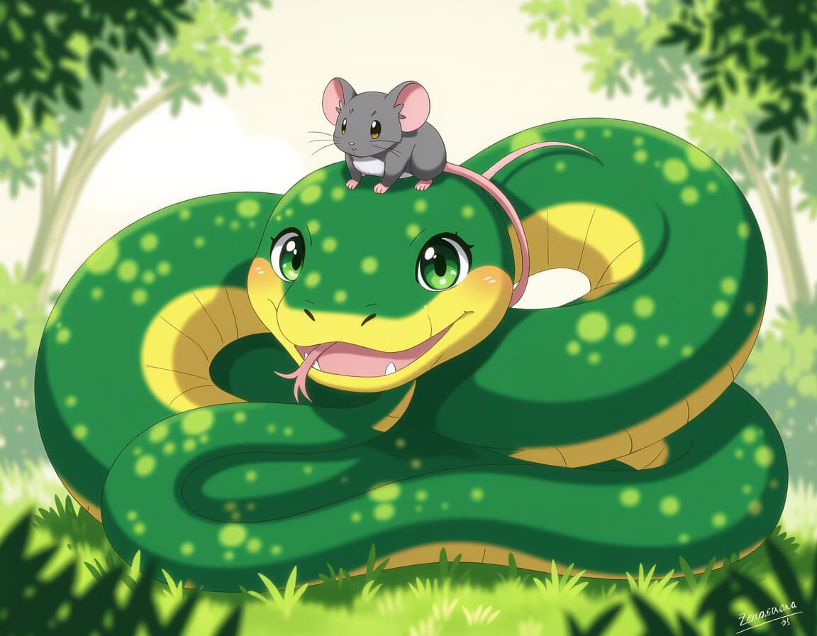 Anime Style Mouse on Smiling Snake