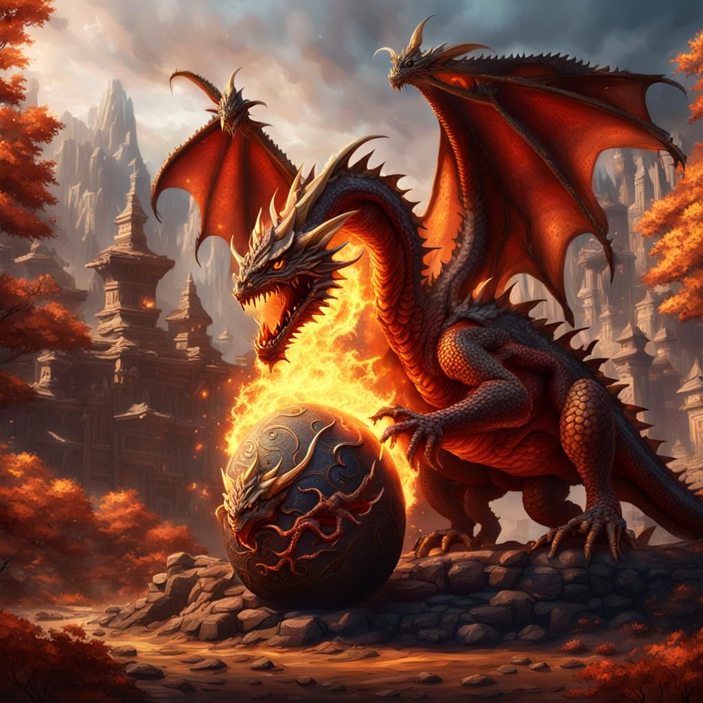 Fire Dragon Protecting Egg: Fantasy Concept Art