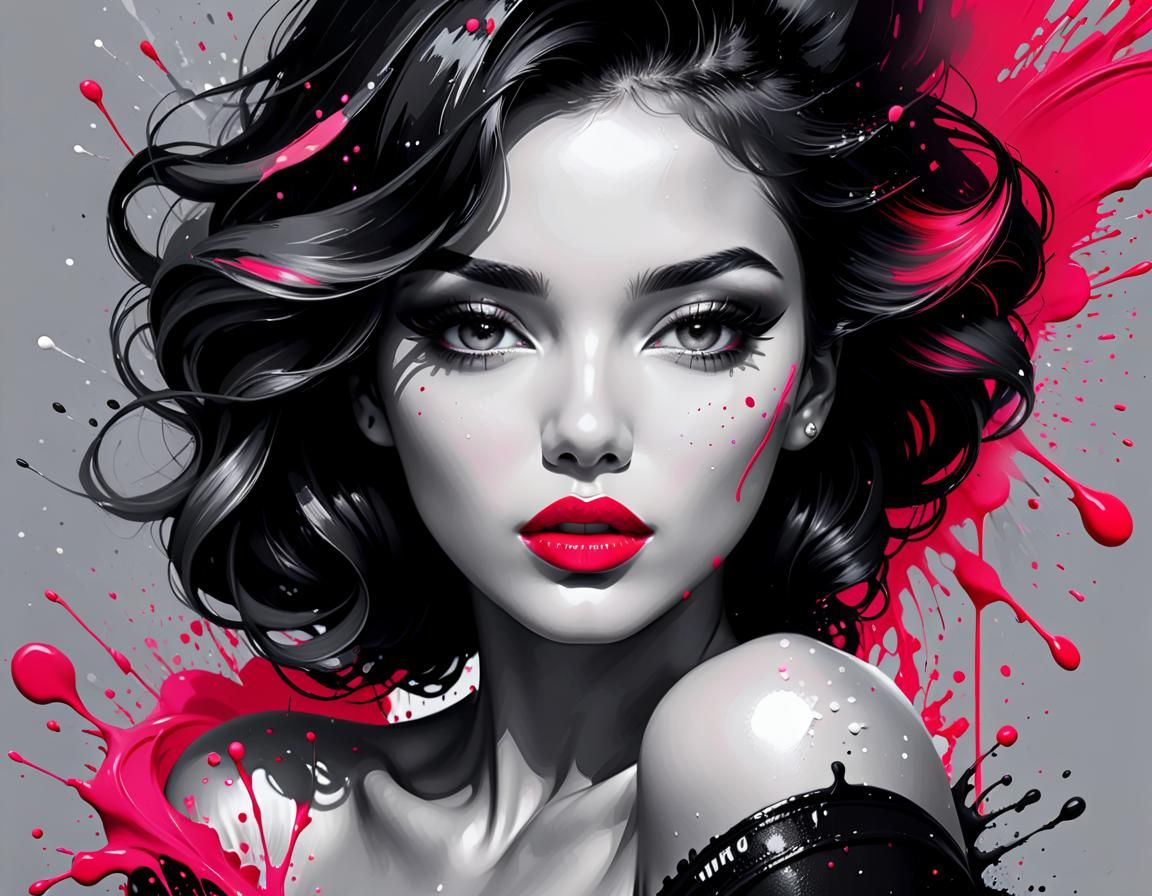Ink Splatter Sketch of Woman with Red Lips