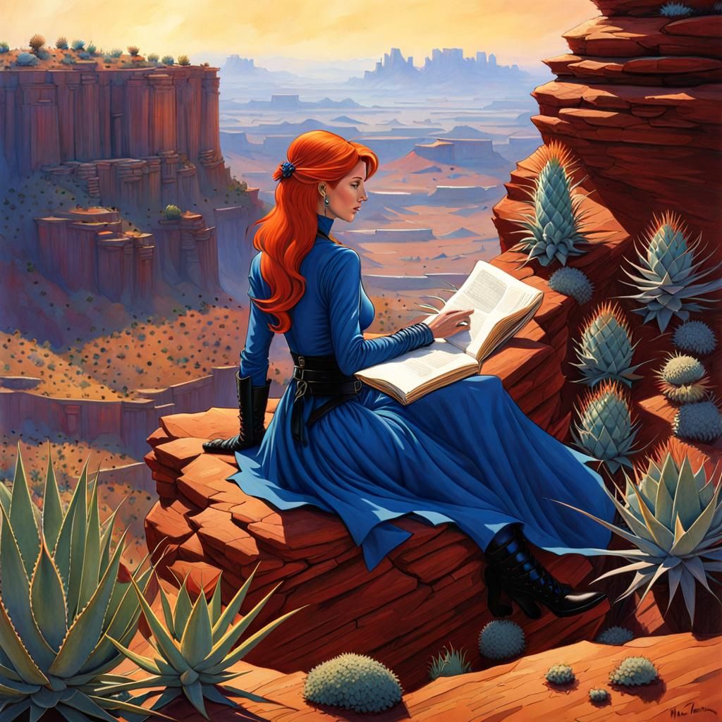 Redhead Sketching in Rocky Canyon, Iridescent Digital Art