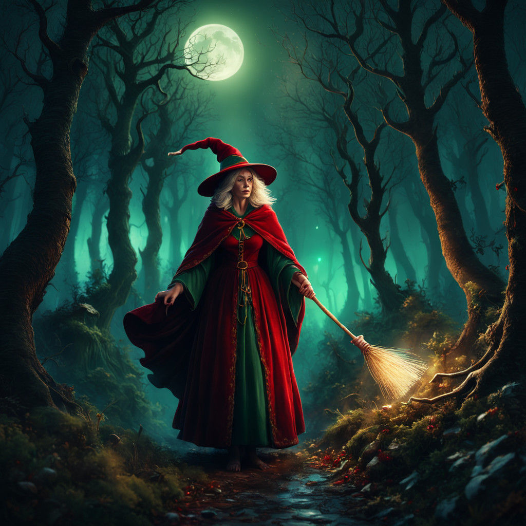 Enchanted Italian Witch Dressed as Santa in Mystical Forest