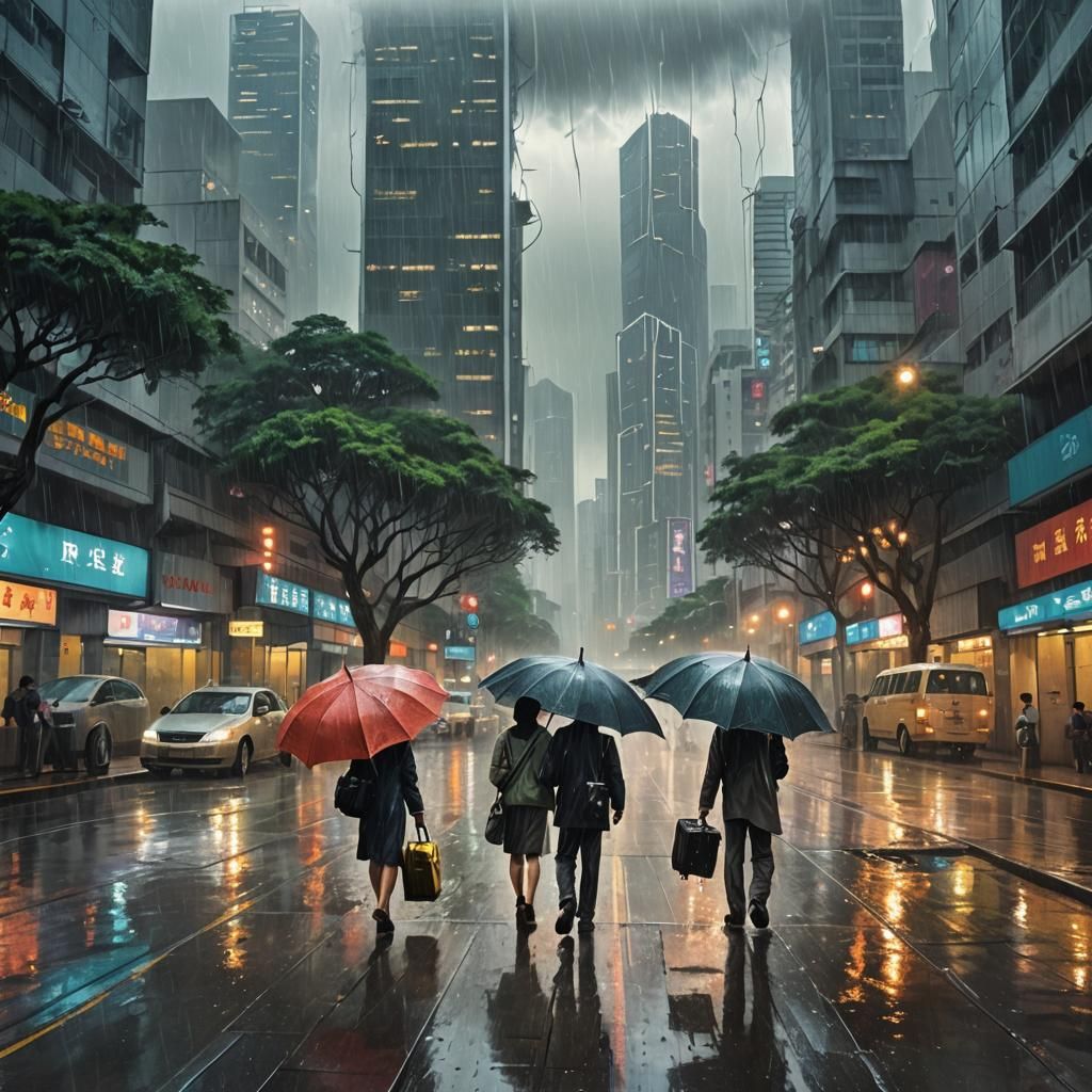 Rainy Hong Kong Street Scene in Misty Weather