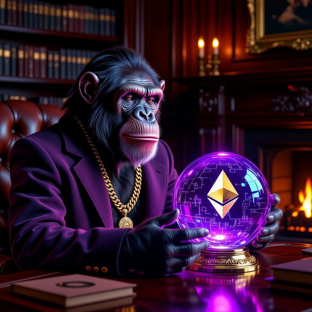 Pensive Chimpanzee Gazing at Ethereum Price Chart