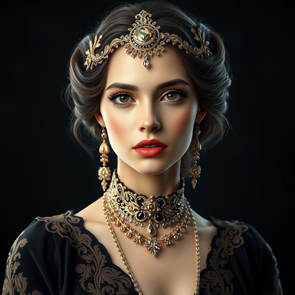 Confident Victorian Woman in Gold and Black