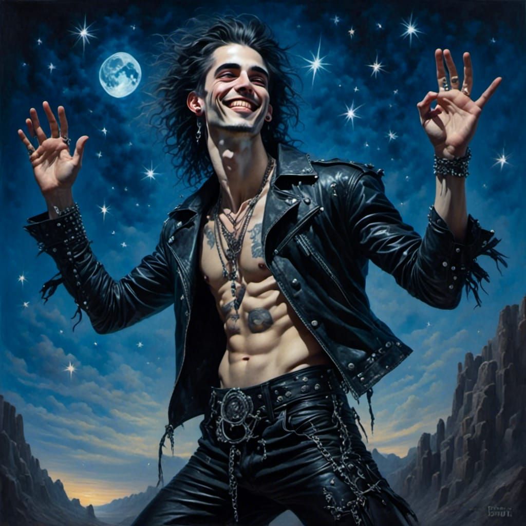 Happy Goth Punk Man Under Starry Sky