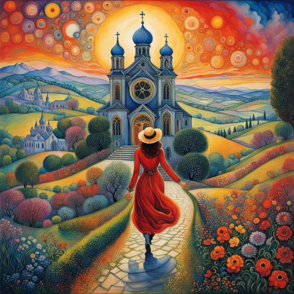 Woman Walks to Church in Surrealist Style