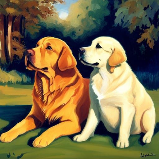 Golden Retrievers in Pre-Raphaelite Sunlight