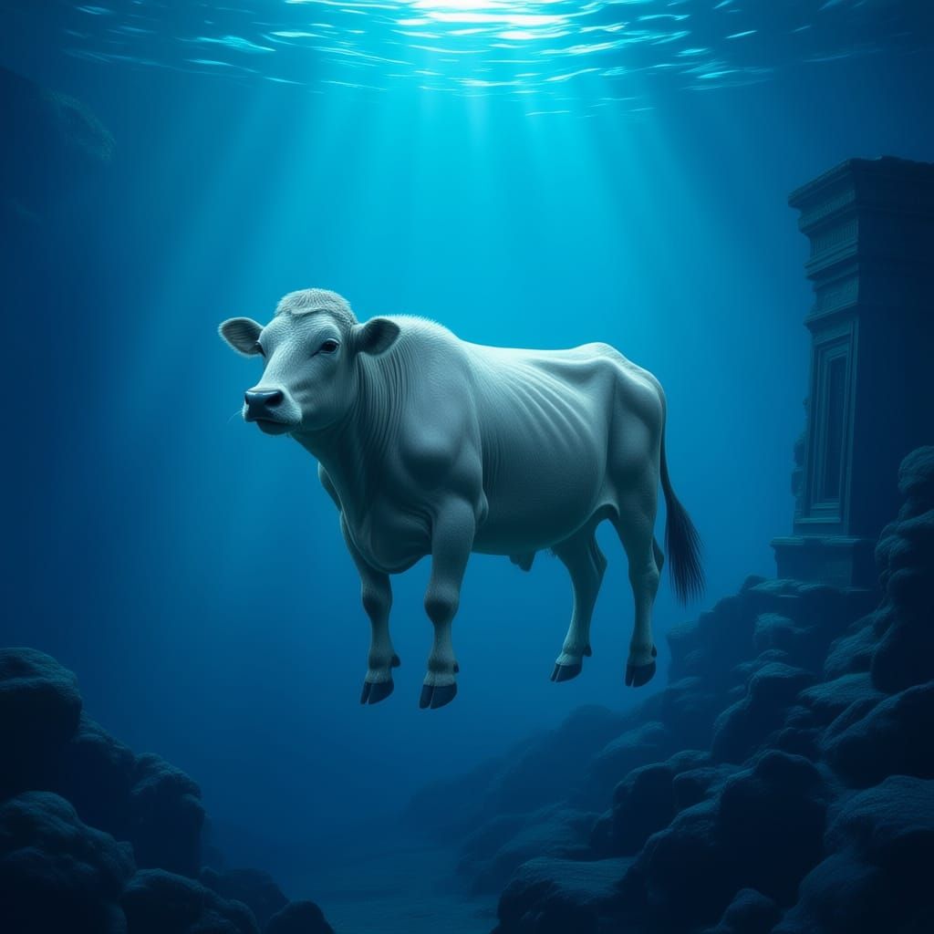 Bioluminescent Cow Floats in Deep Ocean Trench
