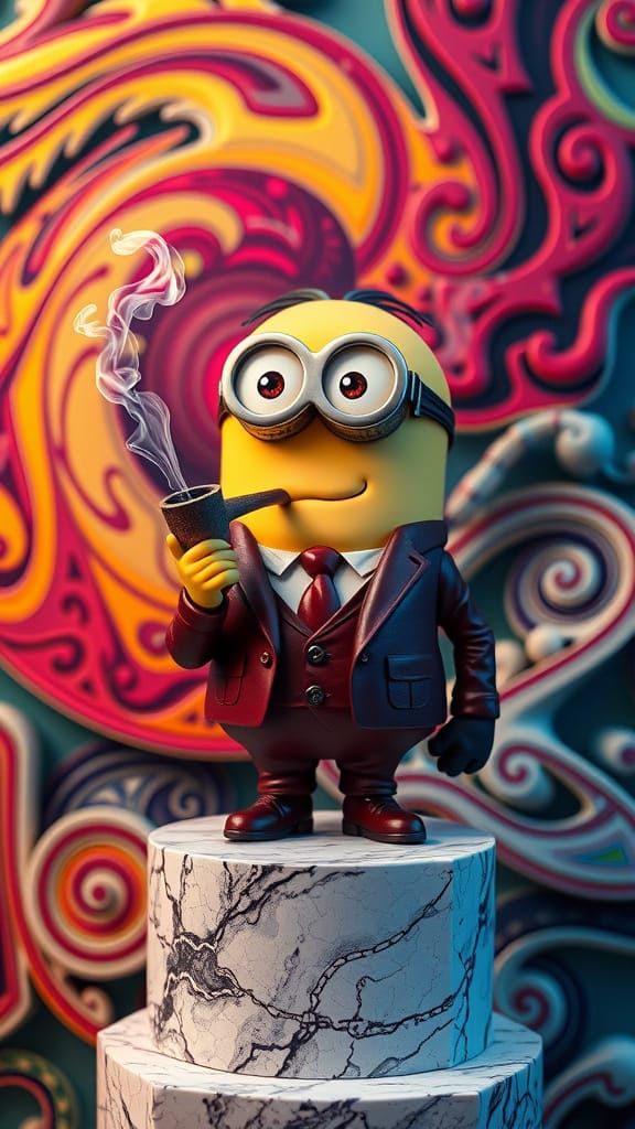Minion in Burgundy Suit amidst Psychedelic Patterns