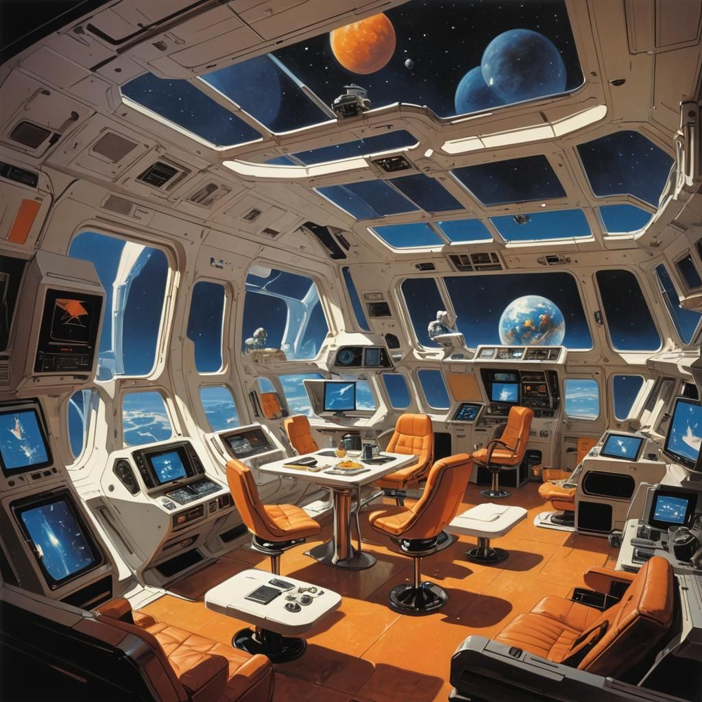 16k resolution, art by Syd Mead, Chris Foss. Zero-gravity living quarters, astronauts floating, compact and futuristic f...