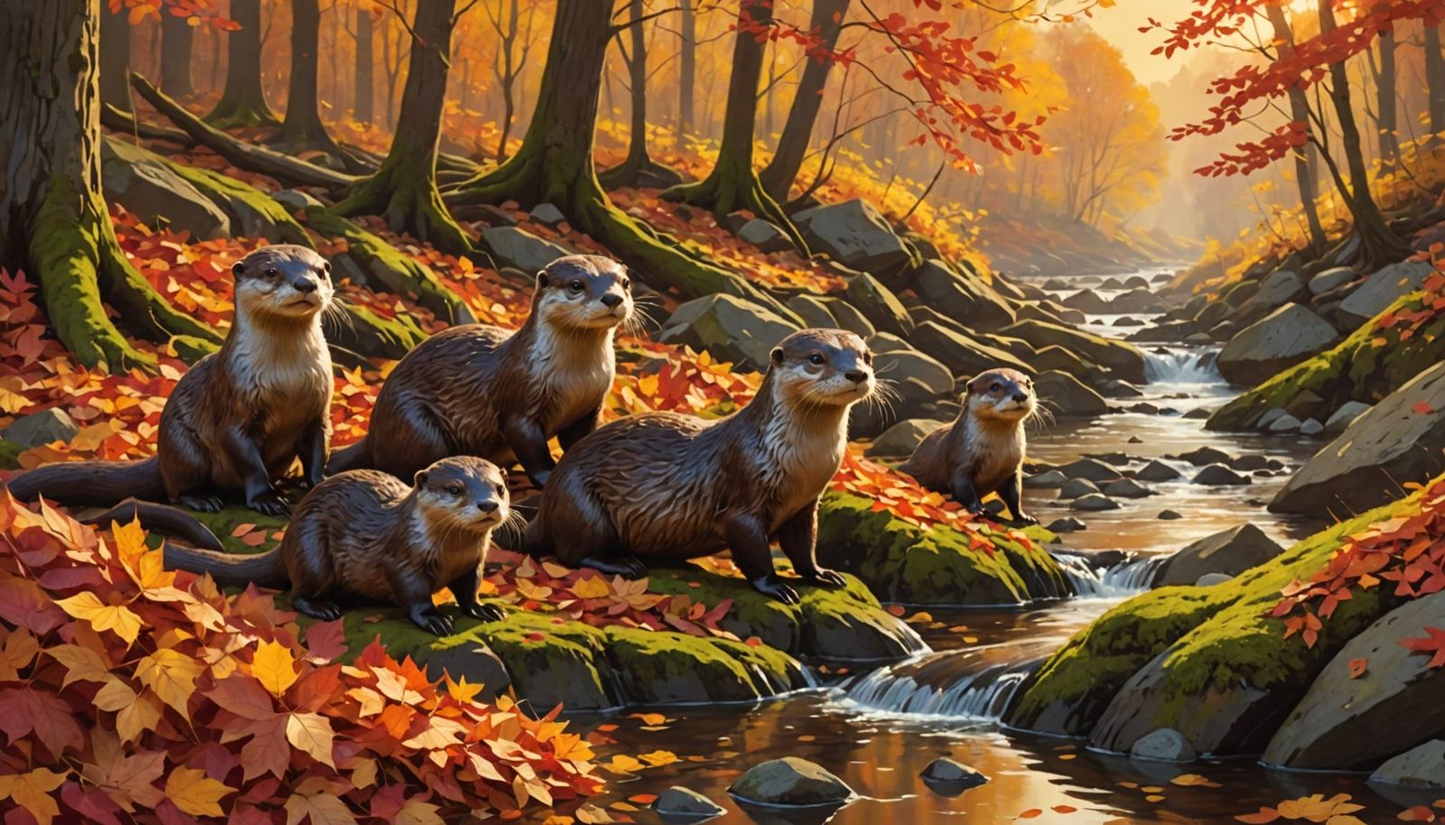 Joyful Otters Sliding into Autumn Leaves
