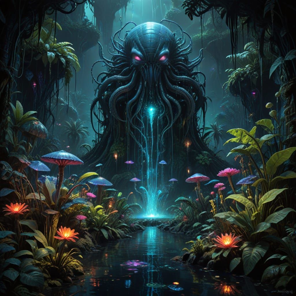 Bioluminescent Fountain in Alien Jungle, Dark Fantasy Art