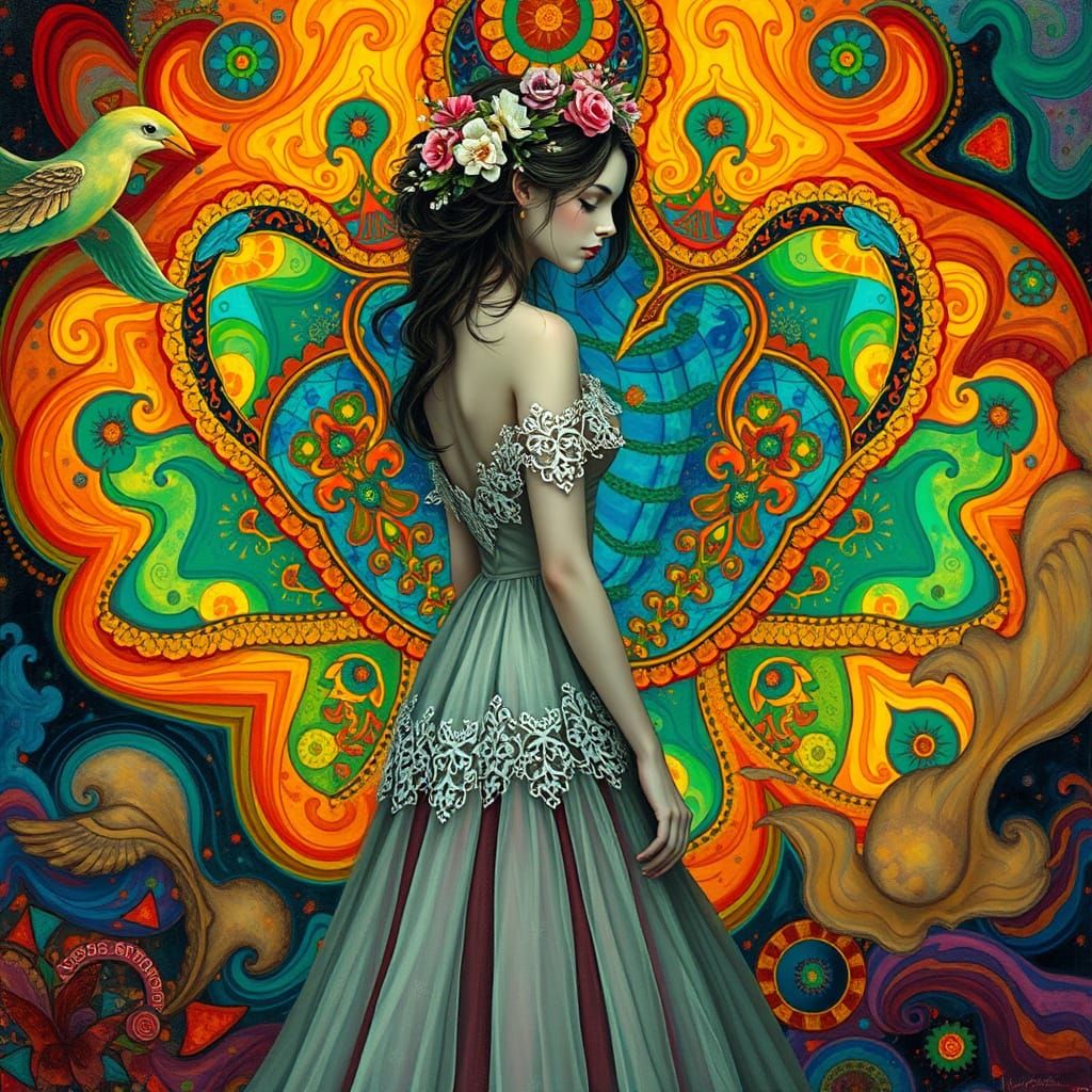 Whimsical Woman in Kaleidoscope Dreamscape