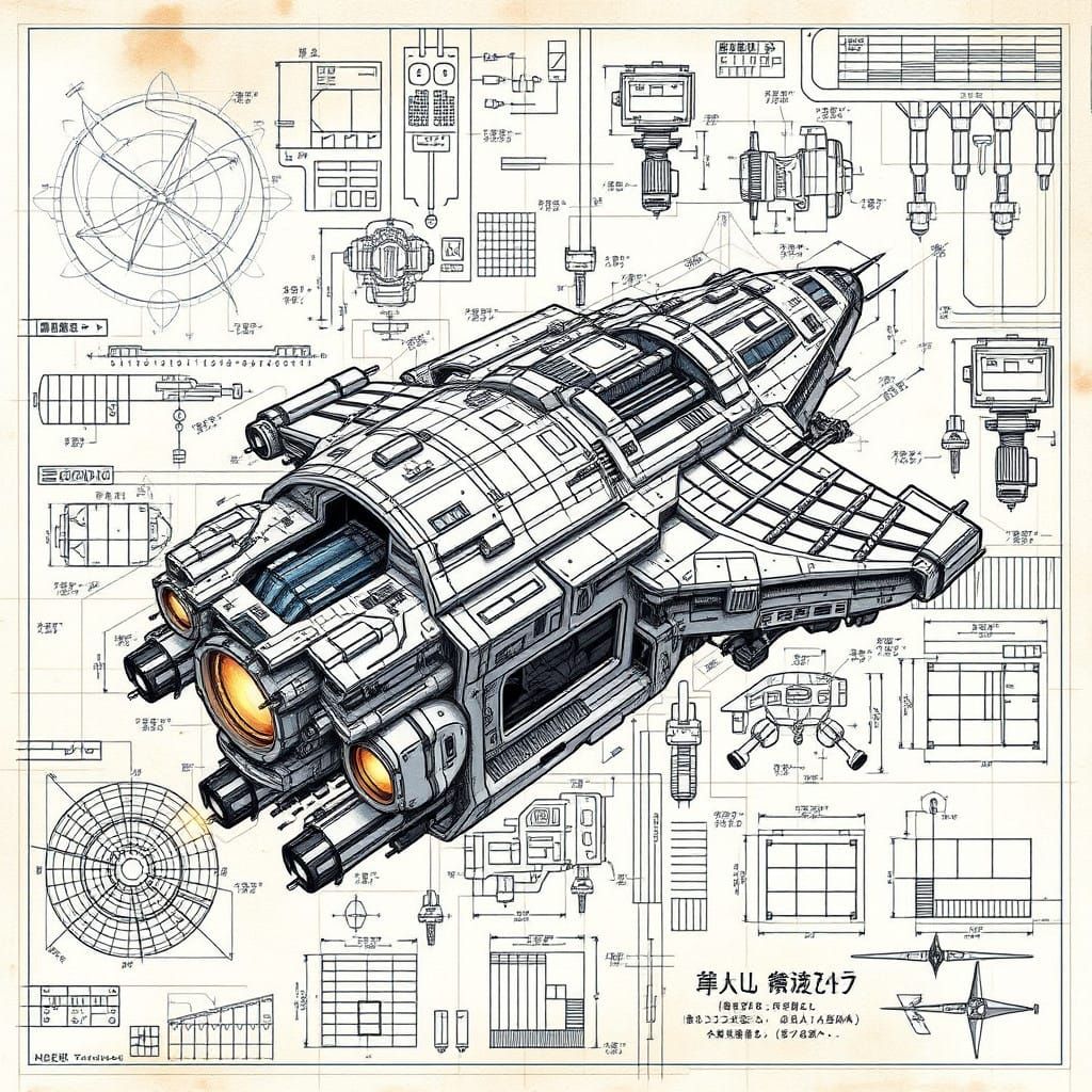 Futuristic Spacecraft Blueprint in Vibrant, High-Tech Style