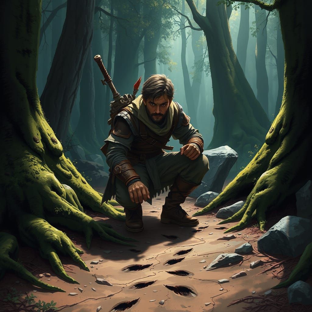 Epic Fantasy Adventurer Tracks Footprints in Dense Forest