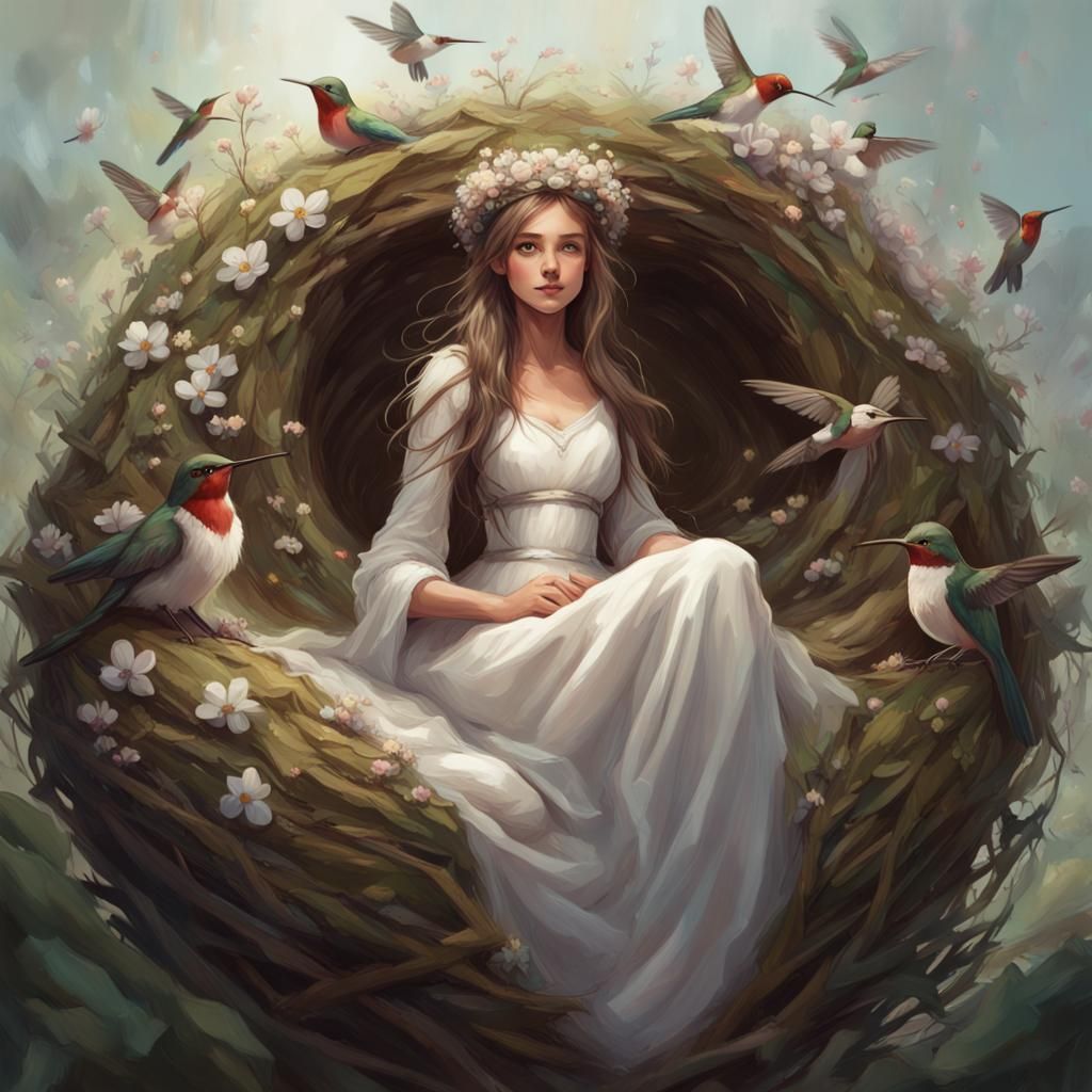 Girl in Flower Nest: Hyperdetailed Art Nouveau Portrait