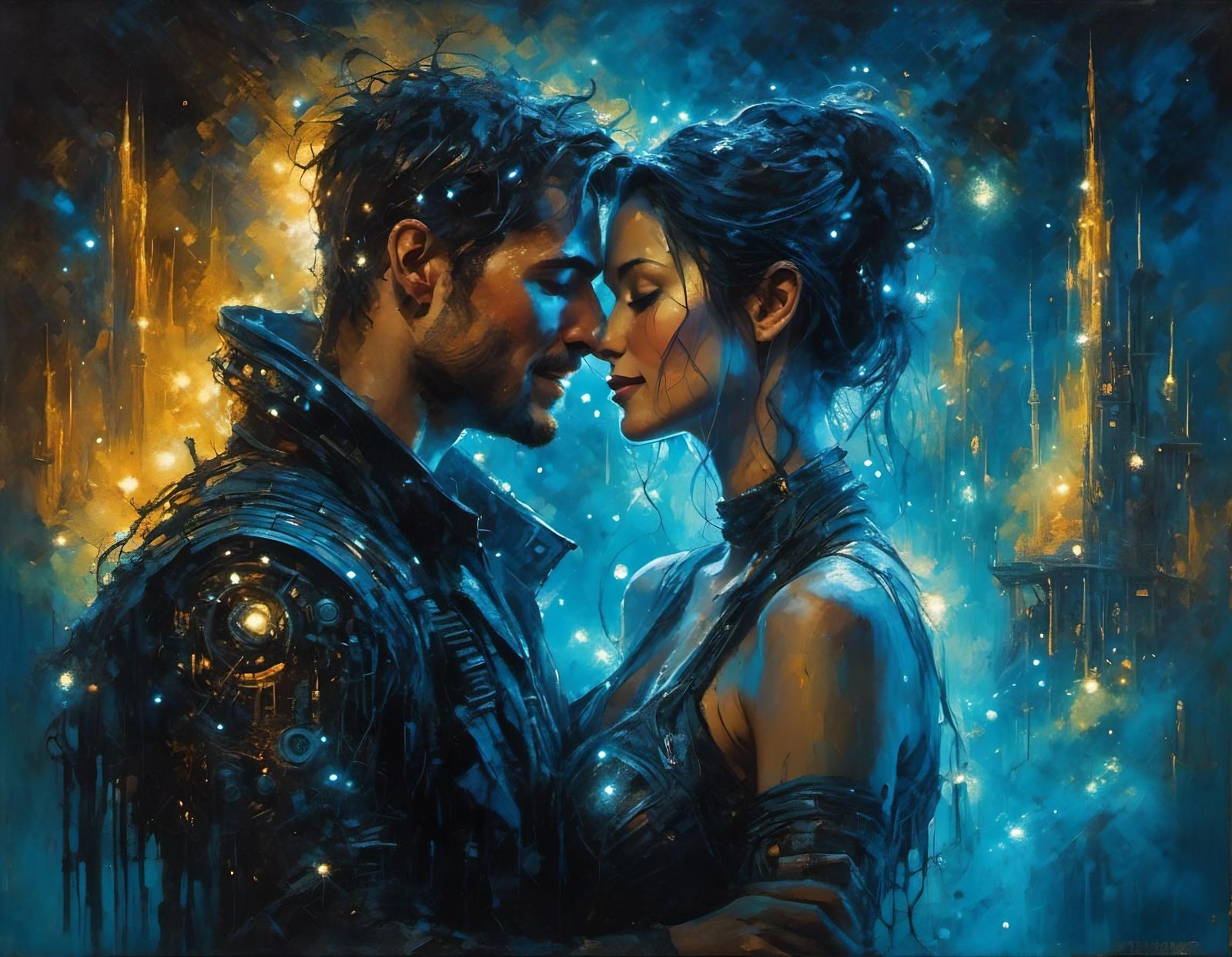 Cyberpunk Cyborg Embrace in Misty Dystopian City