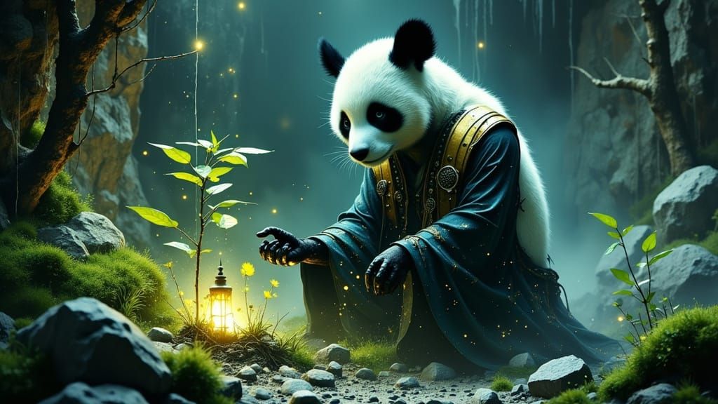 Circuit Panda Nurturing Bioluminescent Plant, Mystical Reali...