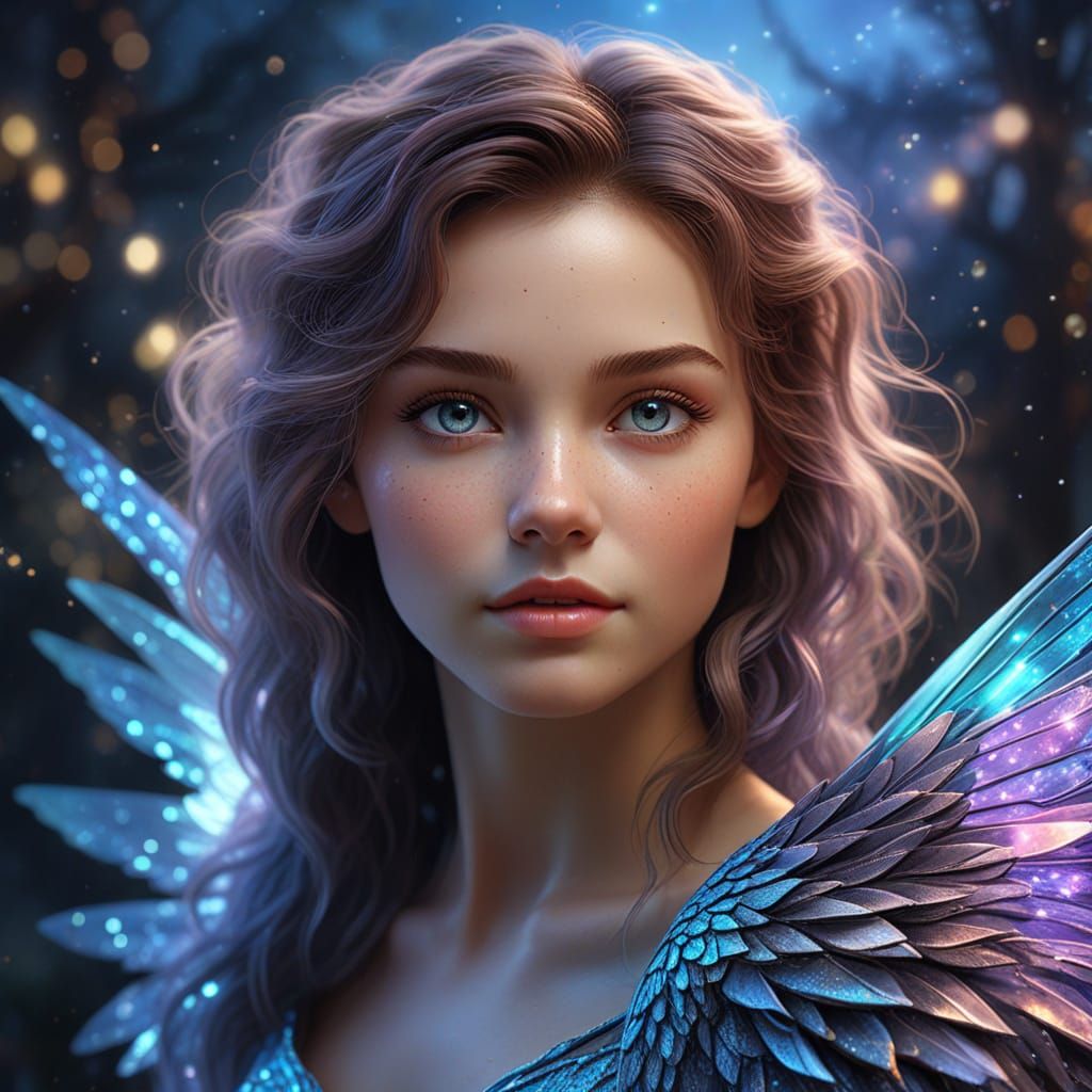 Woman with Ethereal, Starry Eyes and Iridescent Wings
