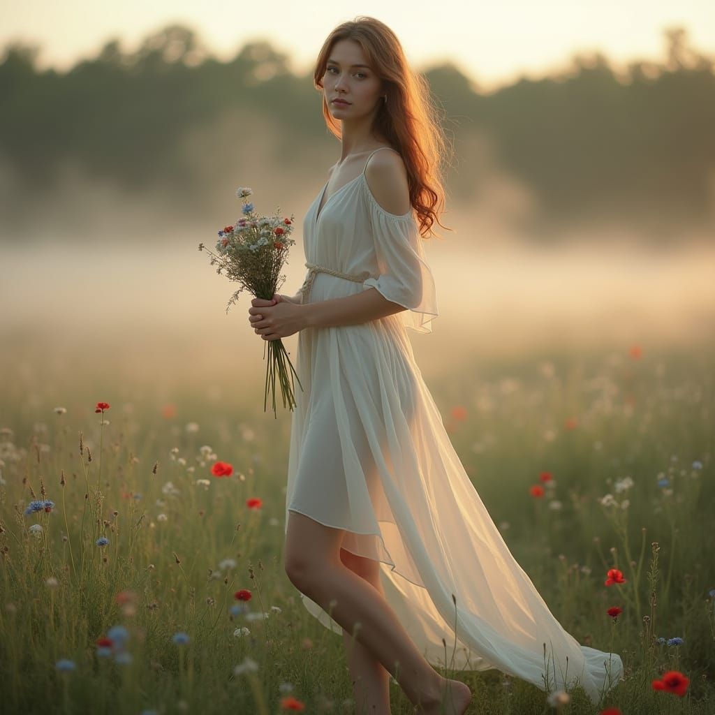 Ethereal Slavic Woman in Misty Meadow at Dawn