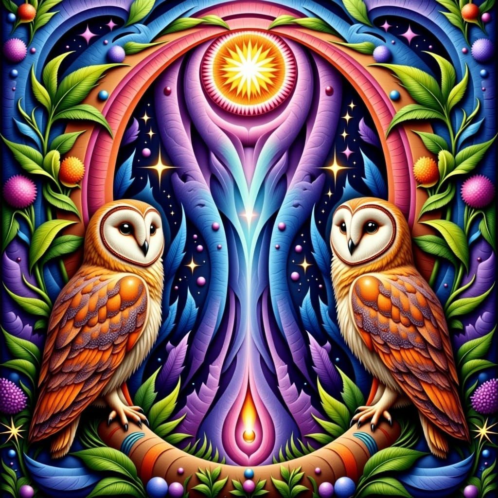 Barn Owls on Cosmic Archway in Escher Style