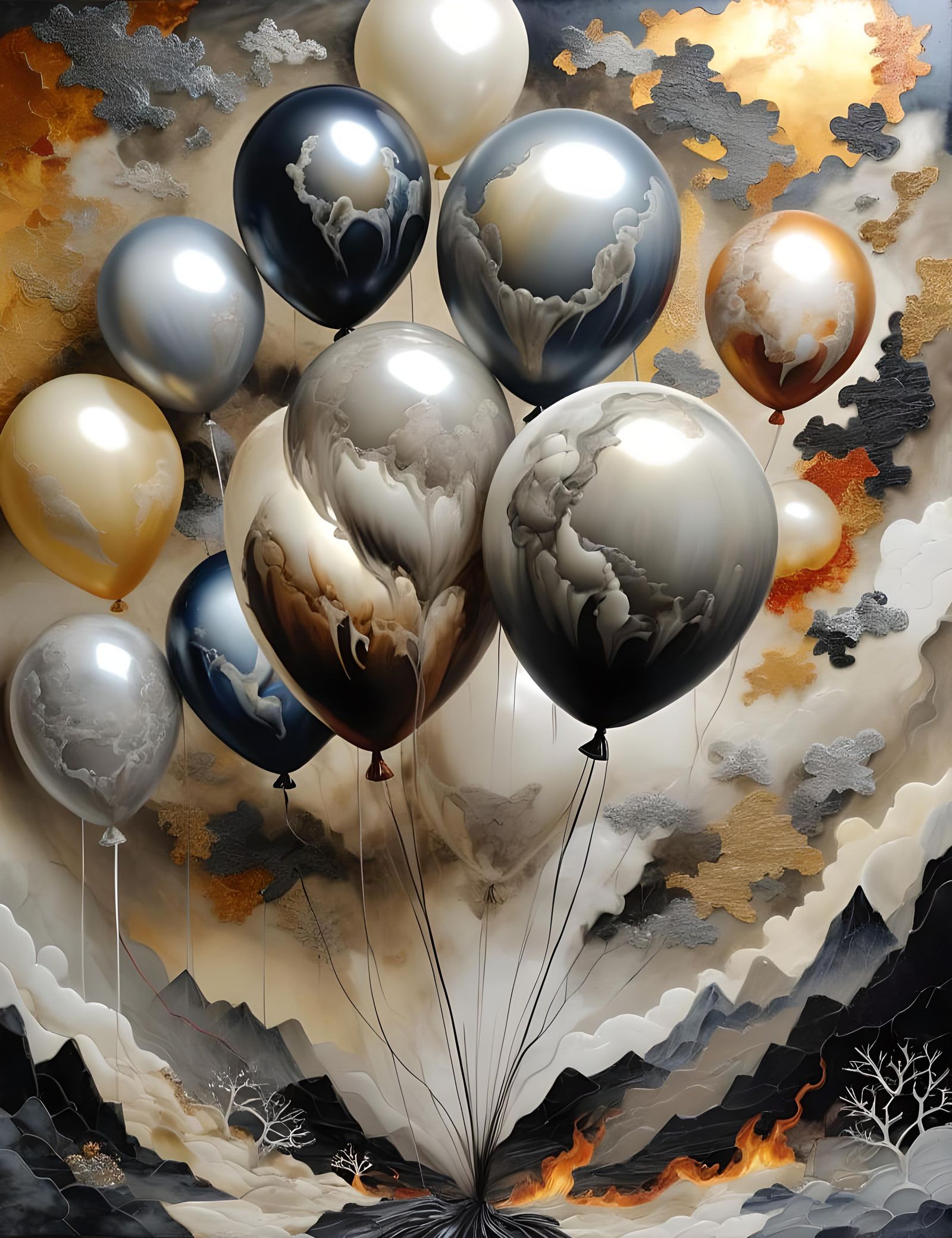 Surreal Bone Fingers Bursting Heart Balloon in Grisaille