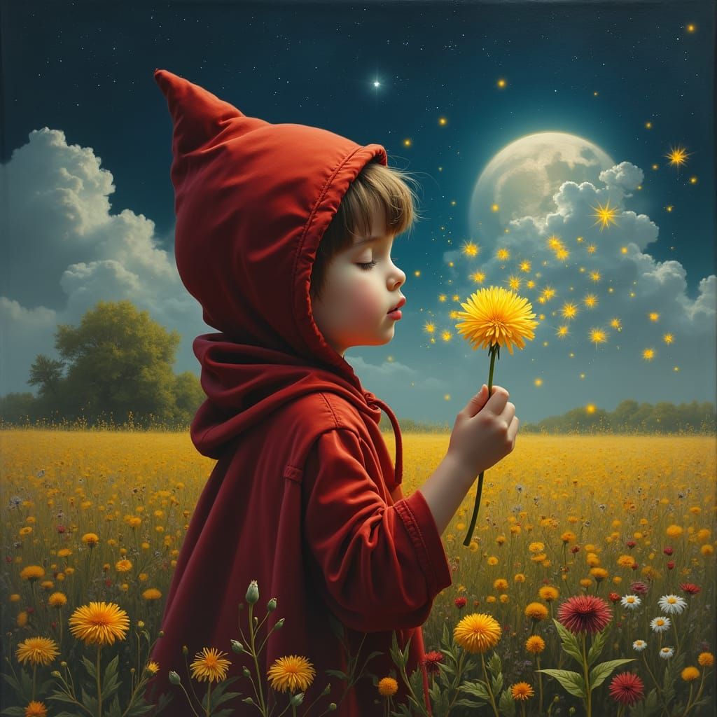 Girl with Glowing Dandelion in Starry Meadow: Oil Painting