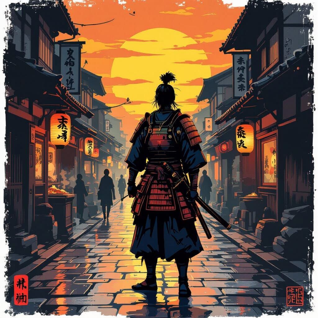 Lone Samurai Warrior at Sunset in Edo Alley