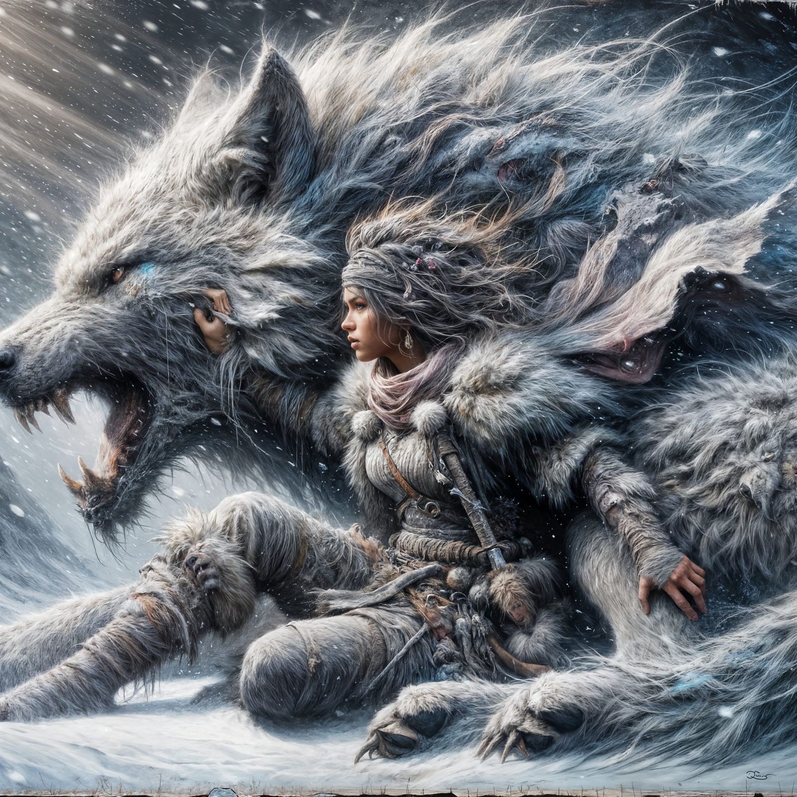 Warrior and Direwolf in Arctic Snowstorm: Matte Painting