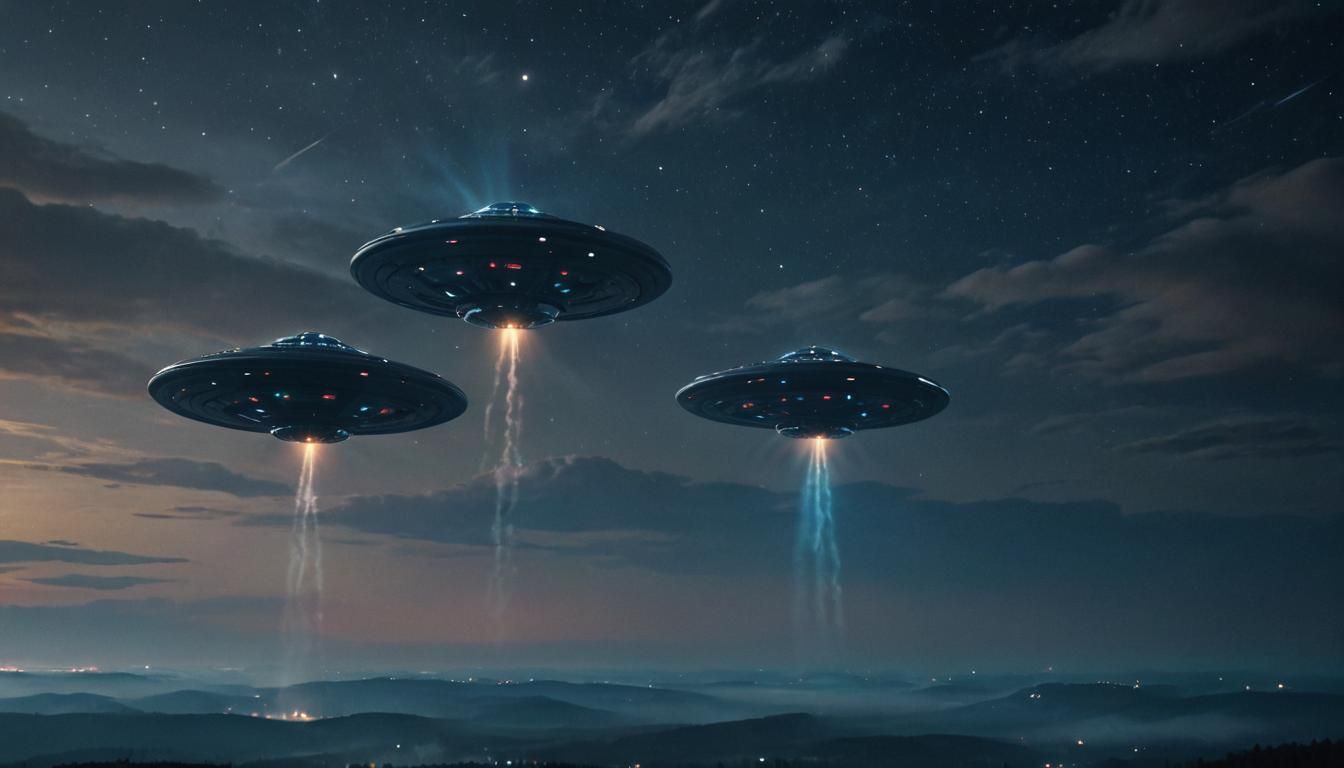 UFOs in Starry Night Sky: Cinematic Film Still