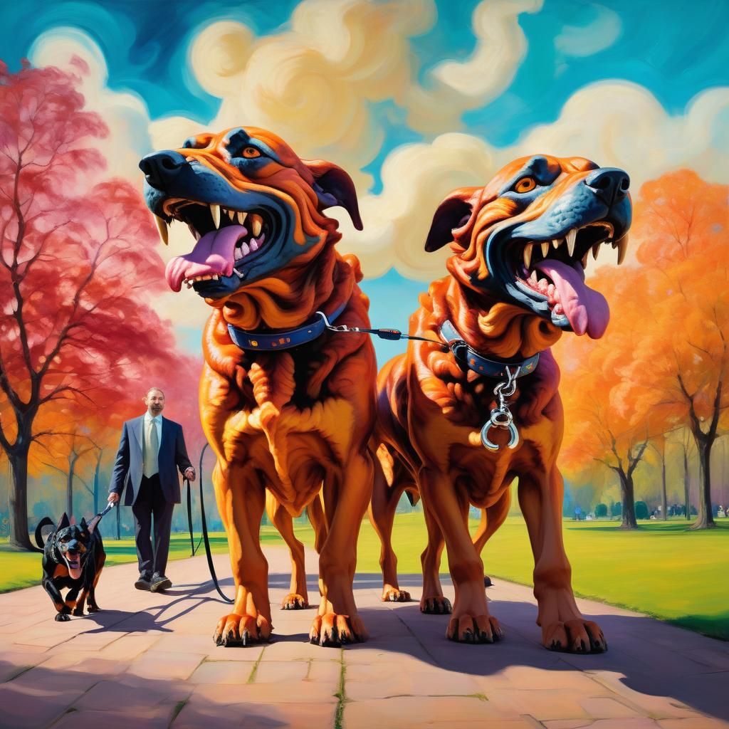 The mythological Cerberus dog walking in the park on his mas...