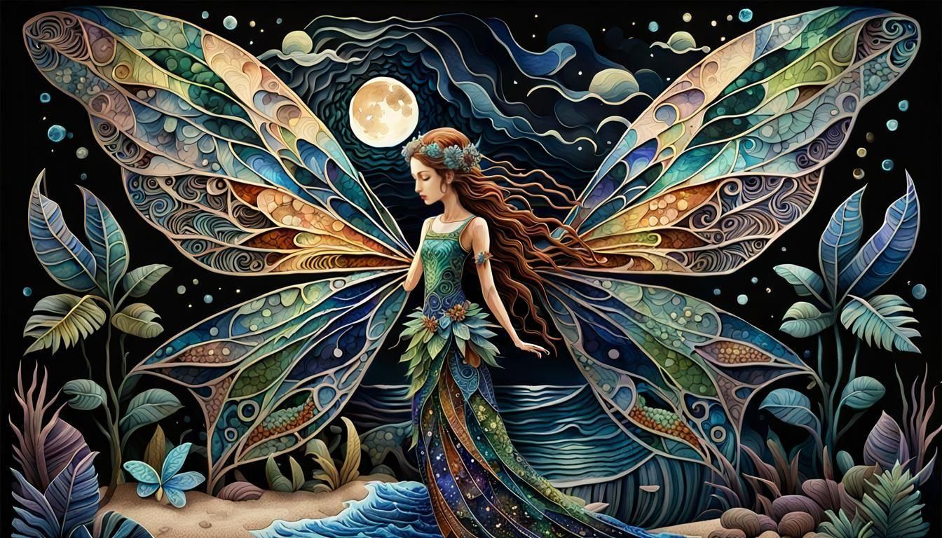 Fairy at Overgrown Beach: Dark Fantasy Tapestry