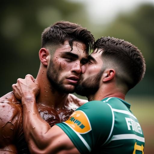 Rugby Players Celebrate Victory with a Kiss