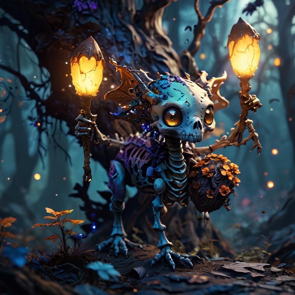 Cute Skeleton Dragon in Dark Fantasy Forest