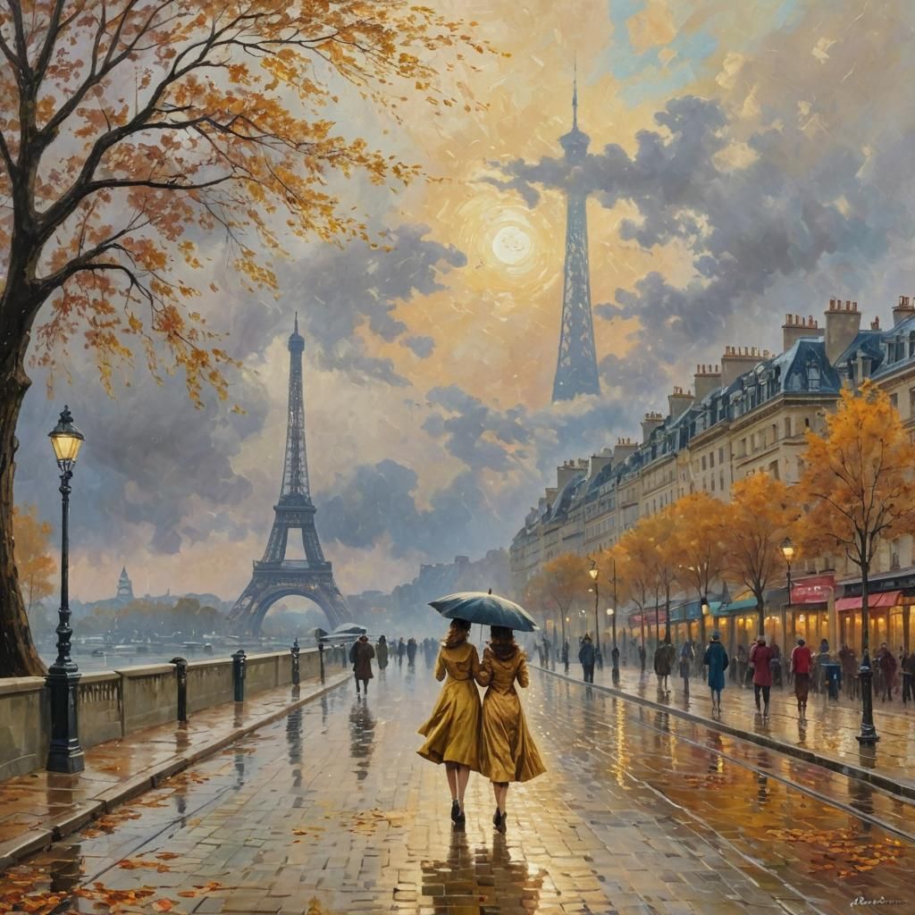 Parisian Autumn: Golden Dresses in Rainy Landscape