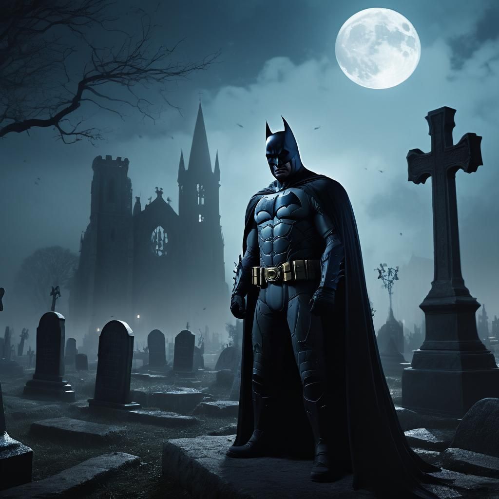 Medieval Batman in Gothic Graveyard: Digital Matte Painting