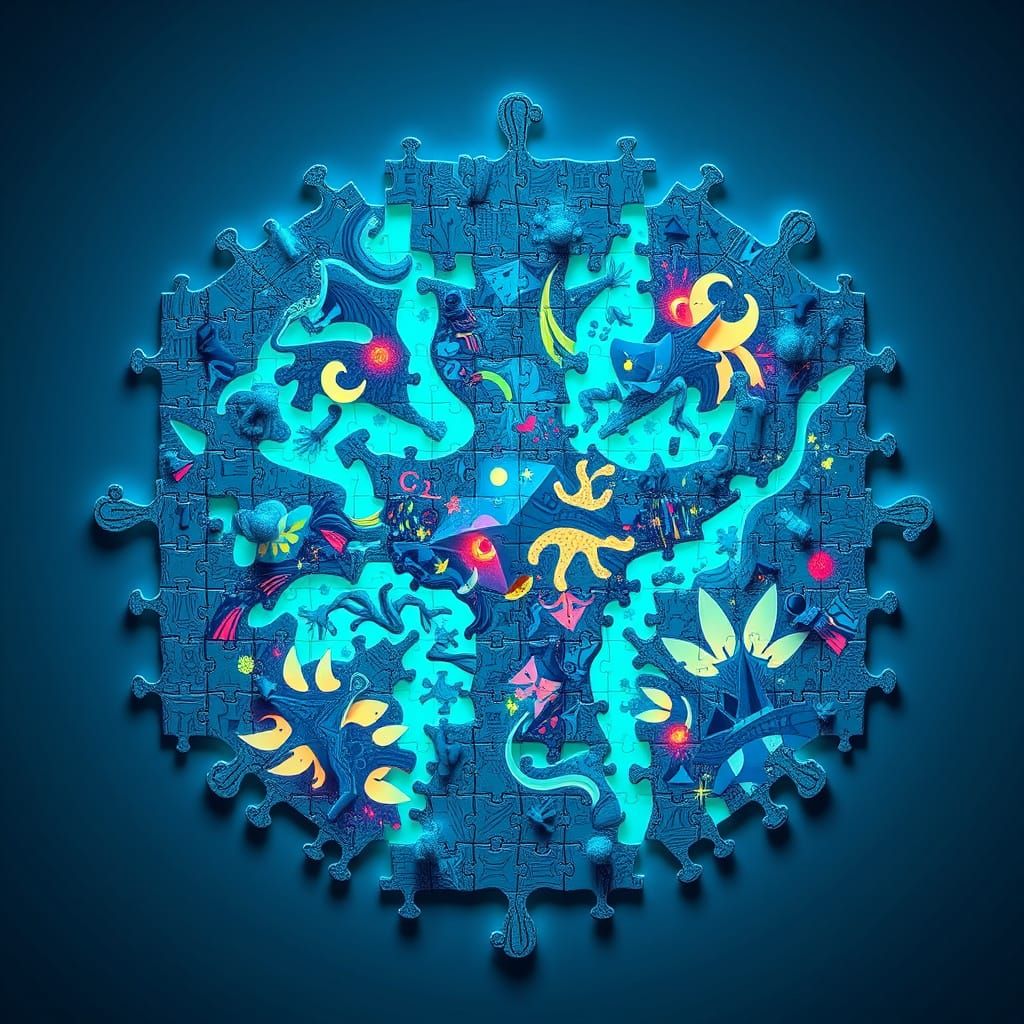 Mesmerizing Puzzle in Escher-esque Neon Illustration