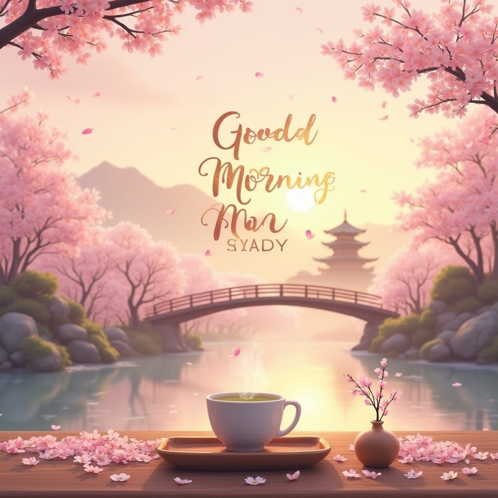 Hopeful Japanese Sunrise with Cherry Blossoms and Calligraph...