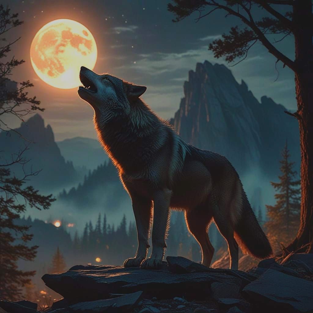 Lone Wolf Howling at Shattered Moon Above Mountains