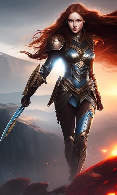 Warrior girl with wavy red hair 2