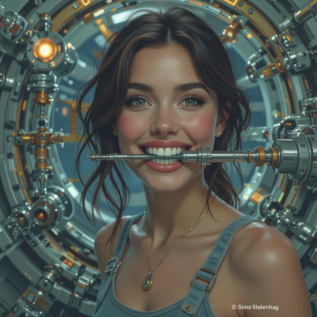 Woman with Nuclear Reactor Teeth: Hyper-Realistic Matte Pain...