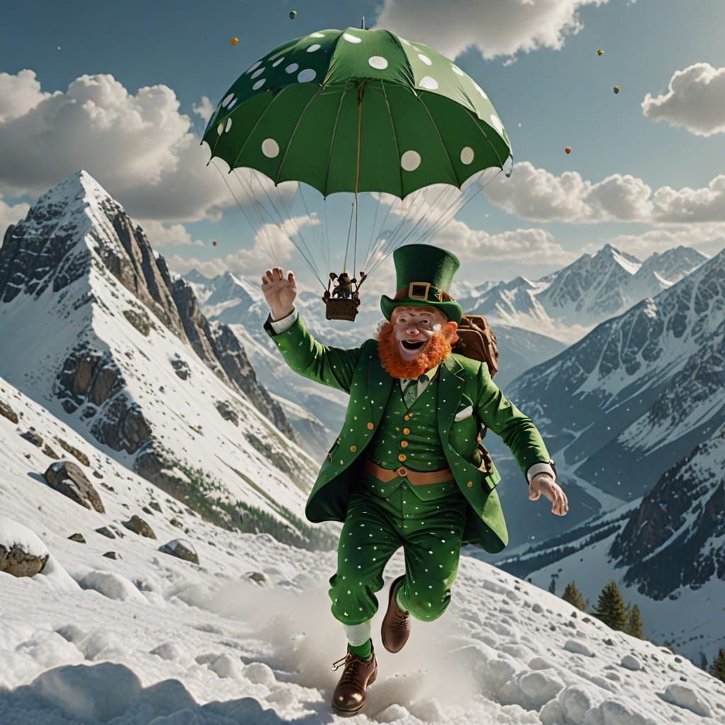Leprechaun in Polka Dots Skis Down Mountain: 8K Hyperrealism