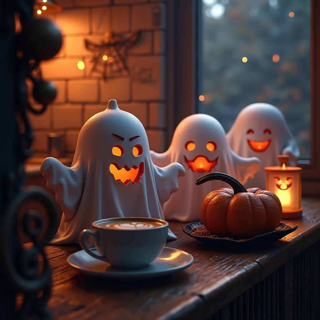 Hyperrealistic Halloween Cafe Menu with Smiling Ghosts