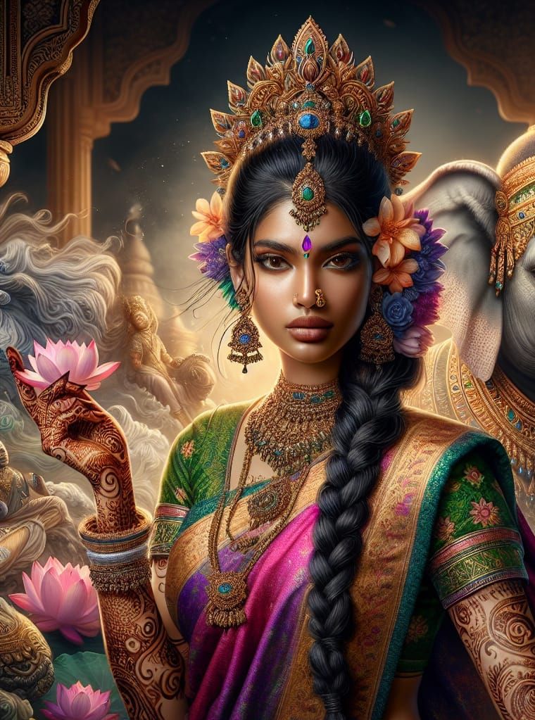 Regal Hindu Goddess Warrior with Lotus and Elephant