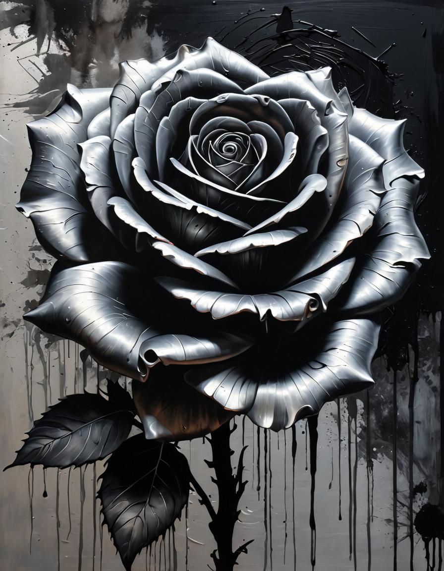 Black Rose with Silver Outlines in Grunge Style