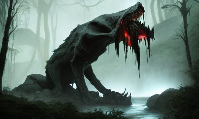 Fearsome White Creature Devouring Prey by Waterfall