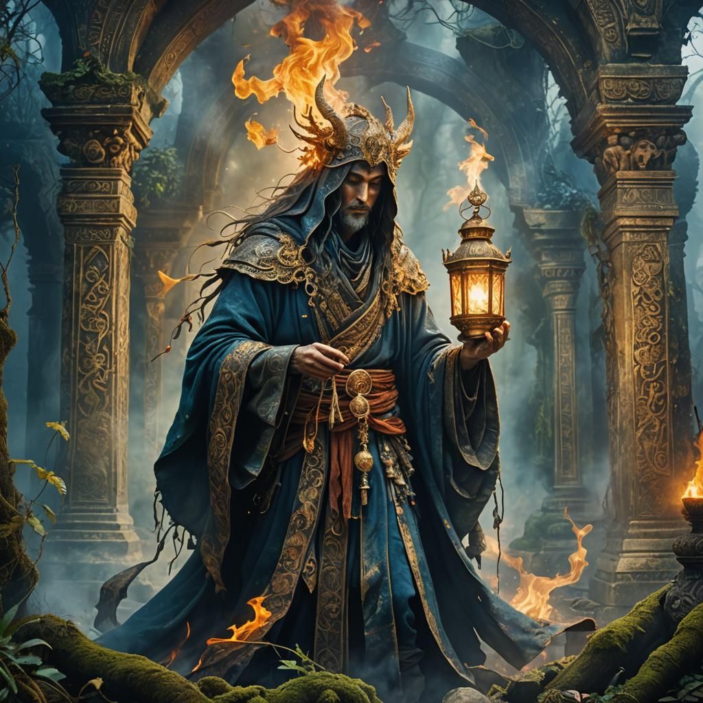 Mystical Warrior with Burning Light in Ruined Temple